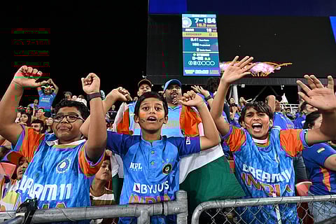 India fans react during a T20 cricket international between India and Australia in Carrara, Australia.