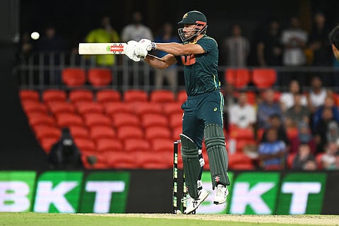 Australia's Marcus Stoinis bats during a T20 cricket international between India and Australia in Carrara, Australia.
