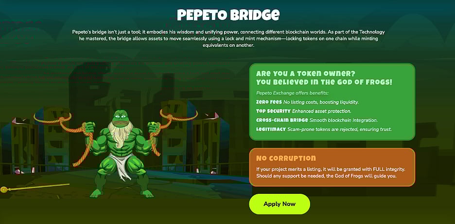 Pepe the Frog mascot representing the Pepeto Bridge crypto project and features.