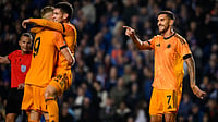 Roma players celebrate Lorenzo Pellegrini's goal against Rangers in UEFA Europa League.