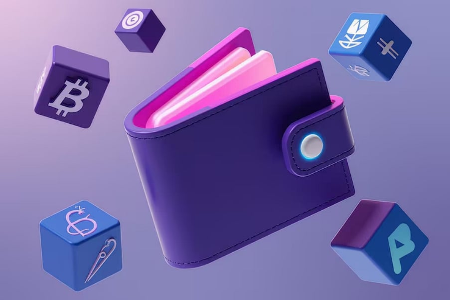 Wallet with crypto icons