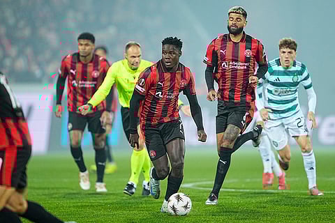 Midtjylland's Franculino Dju controls the ball during the Europa League soccer match between FC Midtjylland and Celtic FC in Herning, Denmark.