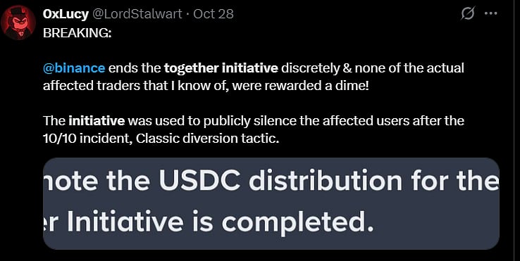 A tweet about Binance ending the Together Initiative
