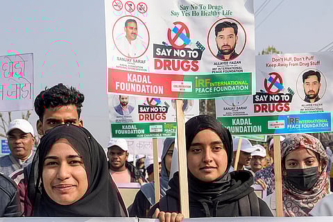 Students take part in an anti-drug rally, in Srinagar.
