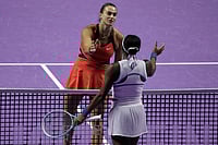 | Photo: AP/Fatima Shbair : Aryna Sabalenka of Belarus, left, greets her opponent Coco Gauff of the United States after winning the women's singles match at the WTA tennis finals in Riyadh, Saudi Arabia.