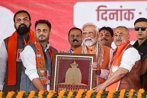 Prime Minister Narendra Modi being felicitated during a public meeting, amid the ongoing Bihar Assembly elections, in Aurangabad. Bihar Deputy Chief Minister Samrat Choudhary is also seen. 