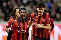 | Photo: Bo Amstrup/Ritzau Scanpix via AP : Midtjylland's Franculino Dju, left, together with Mikel Gogorza celebrate scoring their side's third goal of the game during the Europa League soccer match between FC Midtjylland and Celtic FC in Herning, Denmark.