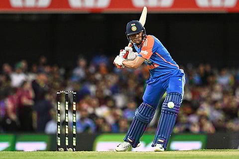 Shubman Gill of India bats during a T20 cricket international between India and Australia in Brisbane, Australia.