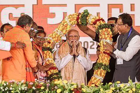 In this image, Prime Minister Narendra Modi during a public rally amid the ongoing Bihar Assembly elections, in Bettiah, Bihar.