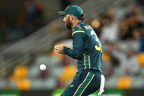 Glenn Maxwell of Australia drops a catch off the batting of Abhishek Sharma of India during a T20 cricket international between India and Australia in Brisbane, Australia.