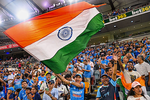 A fan waves the Indian tricolour in the stands during the fifth T20I cricket match of a series between India and Australia, in Brisbane.