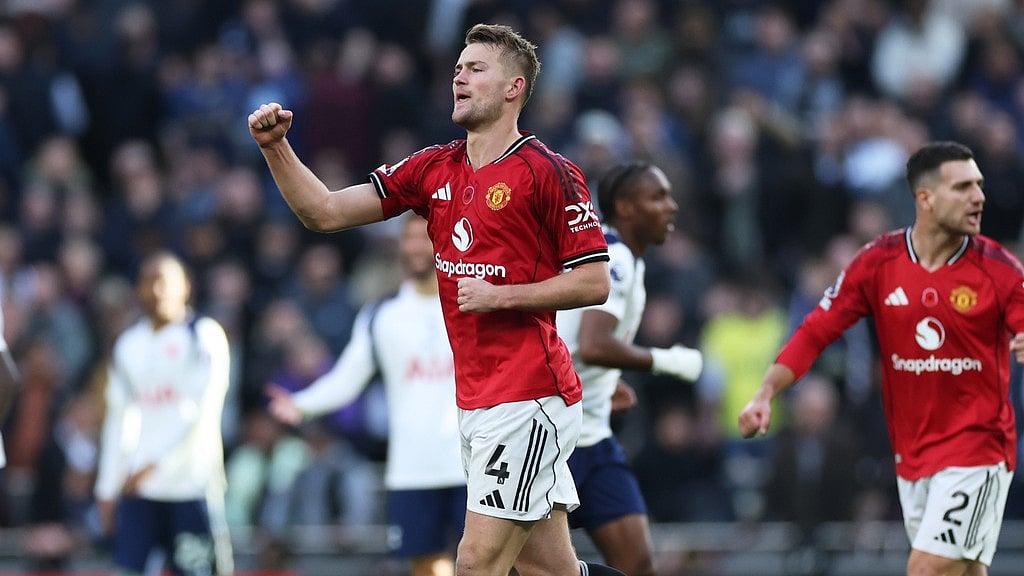 Photo: AP : Tottenham Hotspur Vs Manchester United Highlights, Premier League: Matthijs de Ligt celebrates after scoring his side's second goal.