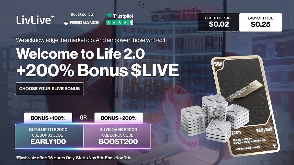 LivLive Welcome to Life 2.0 banner with a +200% Bonus $LIVE offer and $0.02 current price