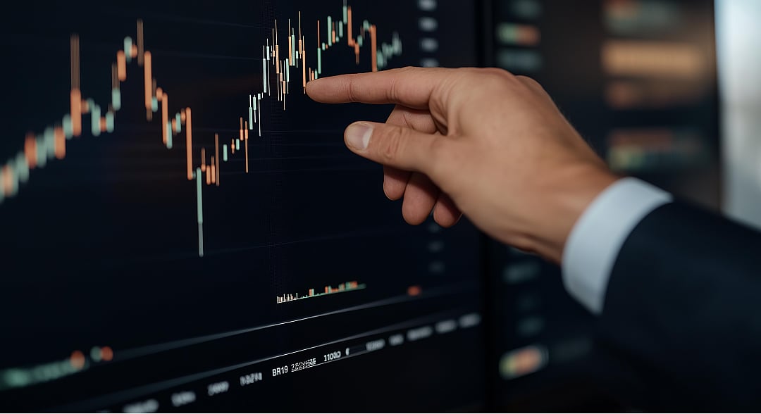 어두운 모니터에서 촛대 차트를 가리키는 손은 재무 분석을 보여줍니다.