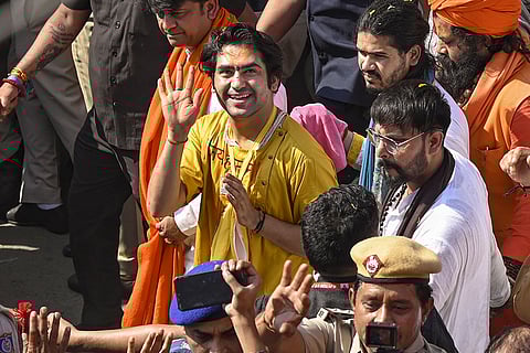 Spiritual leader Dhirendra Shastri during his second 'Sanatan Hindu padyatra' from Chhatarpur Temple, in New Delhi.