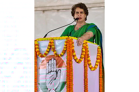 In this image, Congress MP Priyanka Gandhi Vadra addresses a public rally amid the Bihar Assembly polls, in Kadwa, Bihar. 