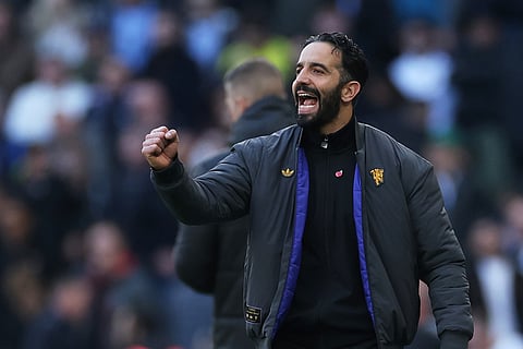 Manchester United's head coach Ruben Amorim reacts during the English Premier League soccer match between Tottenham Hotspur and Manchester United in London, England.