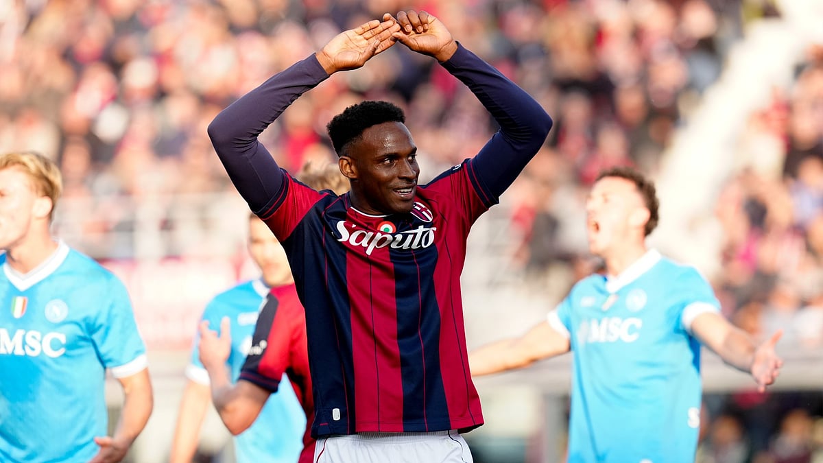 Bologna's goalscorer Jhon Lucumi celebrates against Napoli in Serie A 2025-26. - null