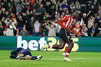 | Photo: Richard Sellers/PA via AP : Sunderland's Brian Brobbey celebrates scoring their side's second goal of the game against Arsenal during the Premier League match in Sunderland, England.