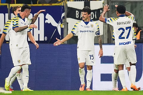 Parma's Enrico Del Prato (15) celebrates after scoring a goal during the Serie A soccer match in Parma, Italy.