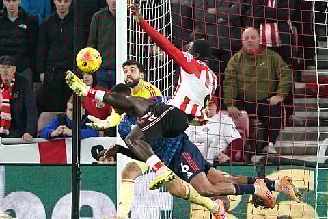 Sunderland's Brian Brobbey scores their side's second goal of the game against Arsenal during the Premier League match in Sunderland, England.