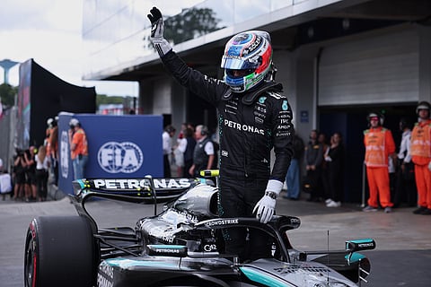 Second-place finisher Mercedes driver Kimi Antonelli of Italy celebrates during the qualifying session ahead of the Brazilian Formula One Grand Prix at the Interlagos race track, in Sao Paulo.
