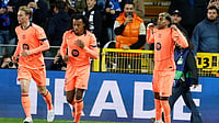 | Photo: AP/Geert Vanden Wijngaert : Barcelona's Lamine Yamal, right, celebrates after scoring his sides second goal during the Champions League opening phase soccer match between Club Brugge and Barcelona in Bruges, Belgium.