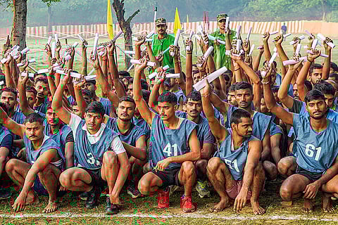 Candidates appear for the physical test during the Indian Armed Forces’ ‘Agniveer’ recruitment programme, in Varanasi, Uttar Pradesh.
