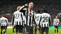 | Photo: PA/Owen Humphreys via AP : Newcastle United's Fabian Schar celebrates scoring during the English League Cup fourth round match against Tottenham Hotspur on Wednesday, October 29, 2025.