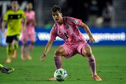 Inter Miami forward Mateo Silvetti tries to stop the ball during the second half of Game 3 in the first round of MLS soccer's Western Conference playoffs against Nashville SC in Fort Lauderdale, Florida.
