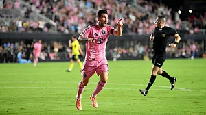 | Photo: AP/Michael Laughlin : Inter Miami forward Lionel Messi, left, points to teammate Mateo Silvetti (not shown) after scoring during the first half of Game 3 in the first round of MLS soccer's Western Conference playoffs against Nashville SC in Fort Lauderdale, Fla., Nov. 8, 2025.
