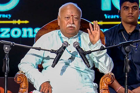 RSS Chief Mohan Bhagwat addresses the “100 Years of Sangh Journey: New Horizons" event, in Bengaluru.