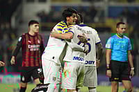 Parma 2-2 AC Milan, Serie A: Rossoneri’s Two-Goal Lead Erased By Crociati Fightback At Stadio Ennio Tardini | Photo: Massimo Paolone/LaPresse via AP : Parma's Mariano Troilo and Parma's Oliver Sorensen Jensen celebrate during the Serie A soccer match against Milan in Parma, Italy.