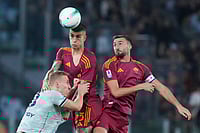 | Photo: Alfredo Falcone/LaPresse via AP : Roma's Gianluca Mancini heads the ball during the Serie A soccer match between Roma and Udinese, in Rome.