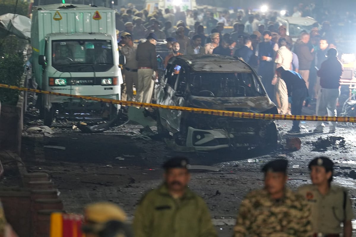 A view of the car decimated by the explosion in New Delhis Red Fort area on November 10, 2025