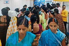 | Photo: Satish Padmanabhan : Game Changer?: Women who have come to collect their Rs 10,000 in a bank in Maner near Patna