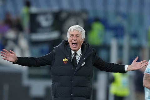 Roma's head coach Gian Piero Gasperini reacts during the Serie A soccer match between Roma and Udinese, in Rome.