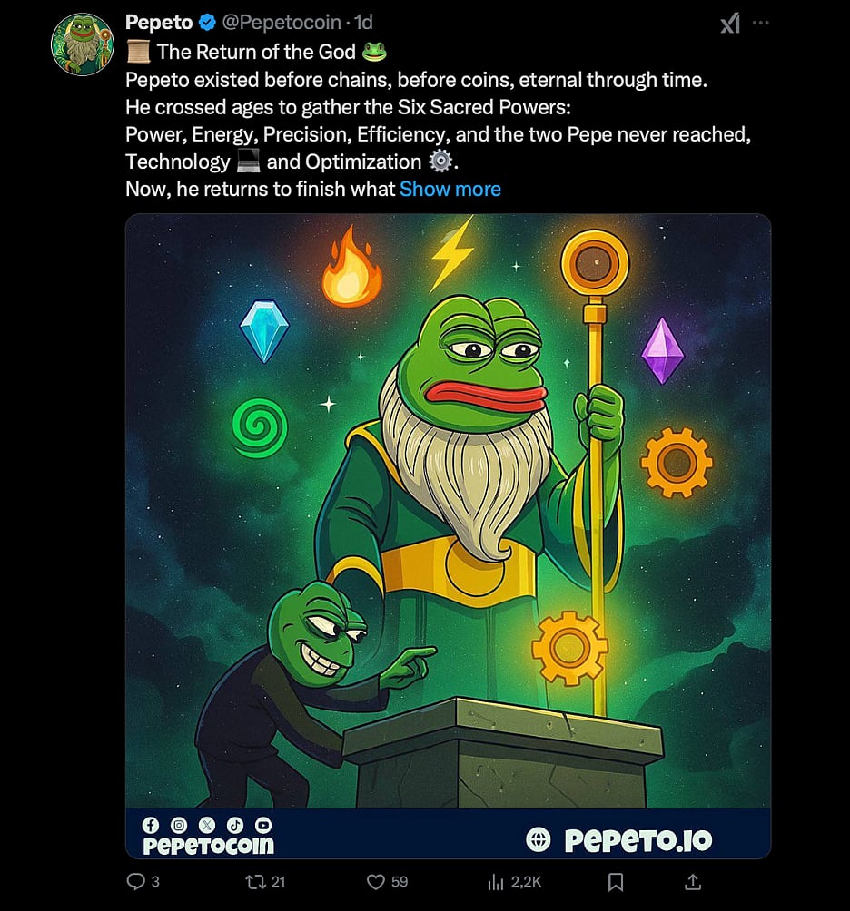 Pepe the Frog as a wizard with a staff and beard, surrounded by mystical symbols