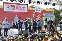 Photo credits: Special Arrangement : Participants lift the trophy during the Kolkata Cyclothon 2025 prize presentation ceremony.