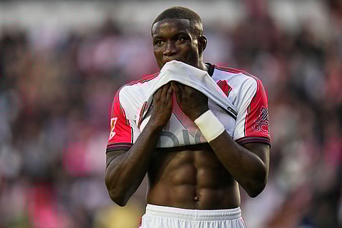 Rayo's Nobel Mendy reacts during a Spanish La Liga soccer match between Rayo Vallecano and Real Madrid in Madrid, Spain.