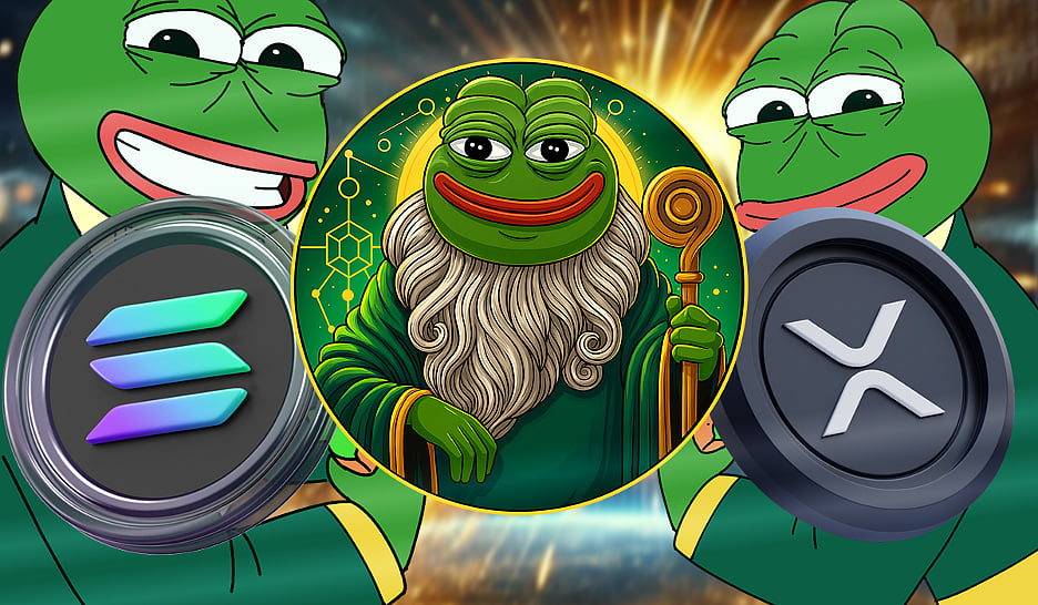 Green Frog (Pepeto) between Solana and XRP crypto logos.