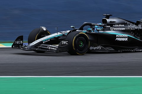 Mercedes driver George Russell of Britain steers his car during the Brazilian Formula One Grand Prix at the Interlagos race track, in Sao Paulo.