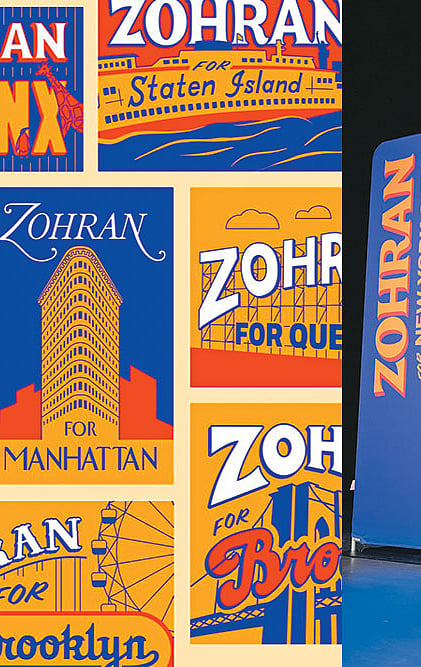 Questioning the Status Quo: (Left) Campaign posters of Zohran Mamdani; (right) Mamdani at an election party in New York