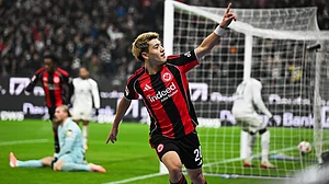 | Photo: dpa/Arne Dedert via AP : Frankfurt's Ritsu Doan celebrates after scoring during the German Bundesliga match against FSV Mainz 05 on Sunday, November 9, 2025.