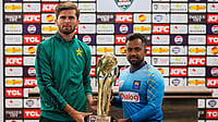 Pakistan Vs Sri Lanka Preview, 1st ODI: Shaheen Afridi Hopes To 'Carry Winning Momentum Forward' AP : Pakistan's skipper Shaheen Shah Afridi, left, and his Sri Lankan counterpart Charith Asalanka pose with the ODI series trophy in Rawalpindi.