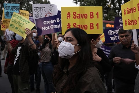Parents and activist protest against air pollution at India Gate detained, in New Delhi.