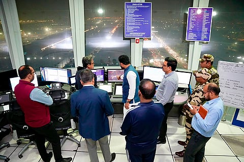 In this image posted, Union Minister of Civil Aviation Rammohan Naidu visits the ATC Tower to review operations after the technical glitch in the ATC messaging system at Delhi airport.