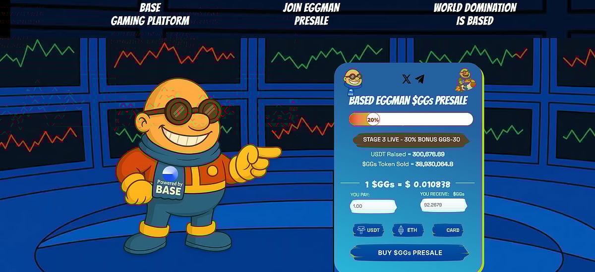 Cartoon man pointing to a crypto presale interface for $GGS tokens, with stock charts background.