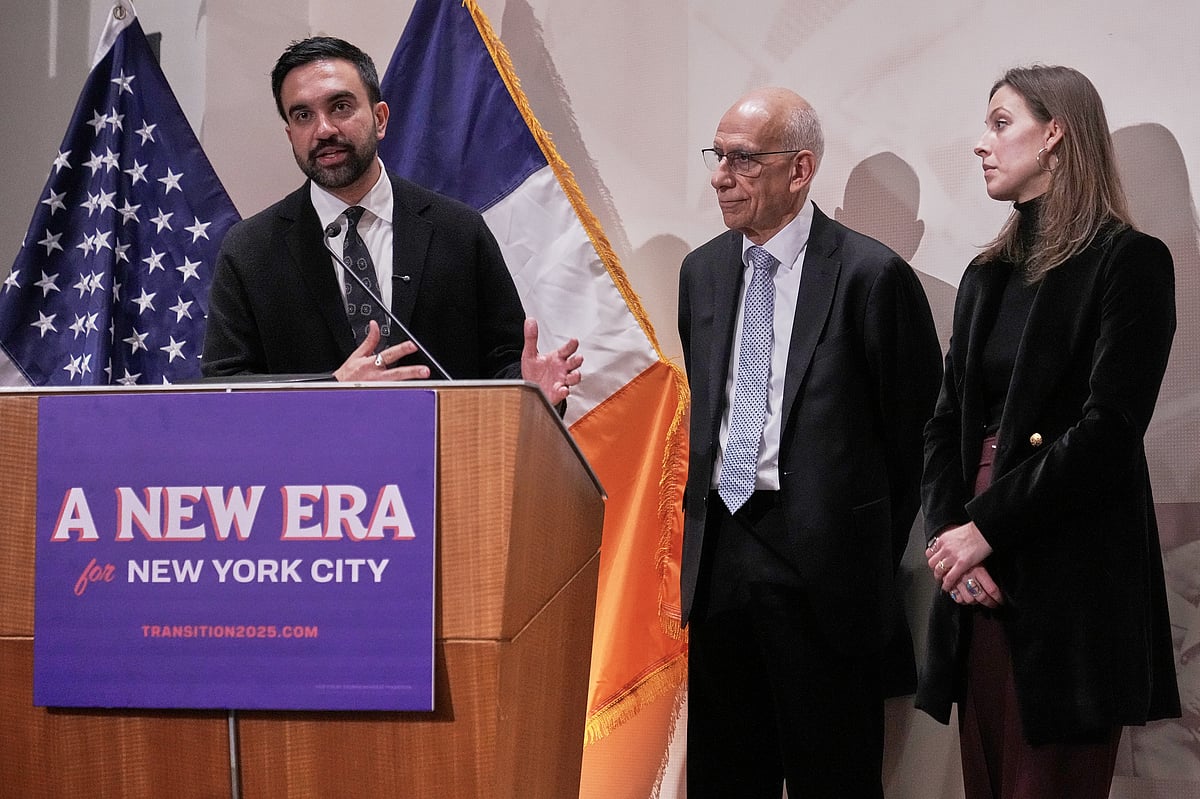 New York Mayor-elect Zohran Mamdani, left, announces the appointment of Dean Fuleihan, center, as first deputy mayor and Elle Bisgaard-Church as chief of staff, in New York, Monday, Nov. 10, 2025. - Richard Drew/AP