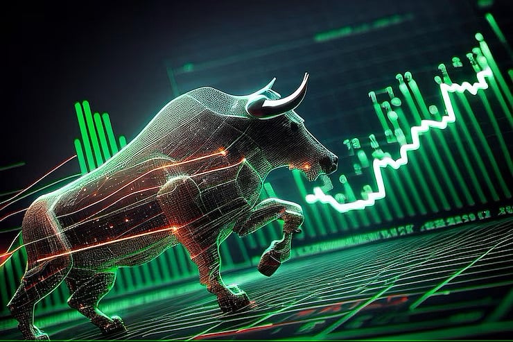 Digital image of a bull charging forward over a grid, with green stock market chart lines.